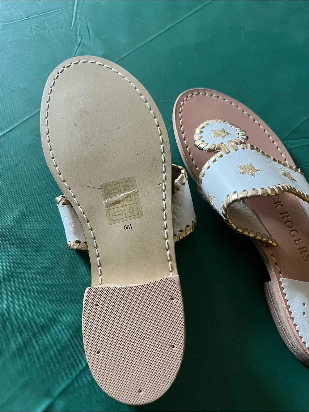 Jack Rogers White Leather Star Trim Thong Sandals with Gold Accents